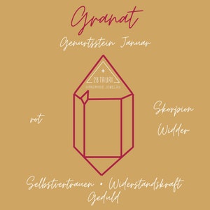 Op de afbeelding: Grafisch ontwerp op een gouden achtergrond met een rode kristalillustratie. De tekst bevat "Granat", "Geburtsstein Januar", "28 Tauri Handmade Jewelry" en andere Duitse woorden. Het ontwerp is voor sieraden.