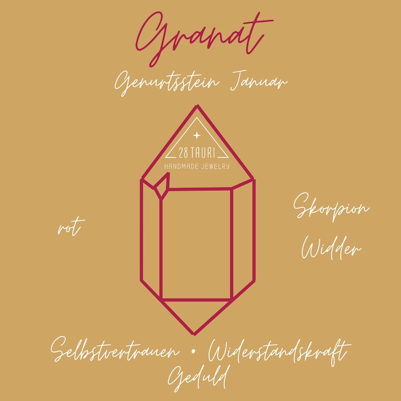 Op de afbeelding: Grafisch ontwerp op een gouden achtergrond met een rode kristalillustratie. De tekst bevat "Granat", "Geburtsstein Januar", "28 Tauri Handmade Jewelry" en andere Duitse woorden. Het ontwerp is voor sieraden.