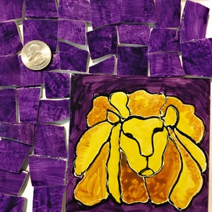 Mosaic Craft Supplies & Tools ~ Modern Abstract Hand Painted Sign of Zodiac ~ 4&quot; Purple Ceramic w/ Matching Broken China Tiles ~ Leo