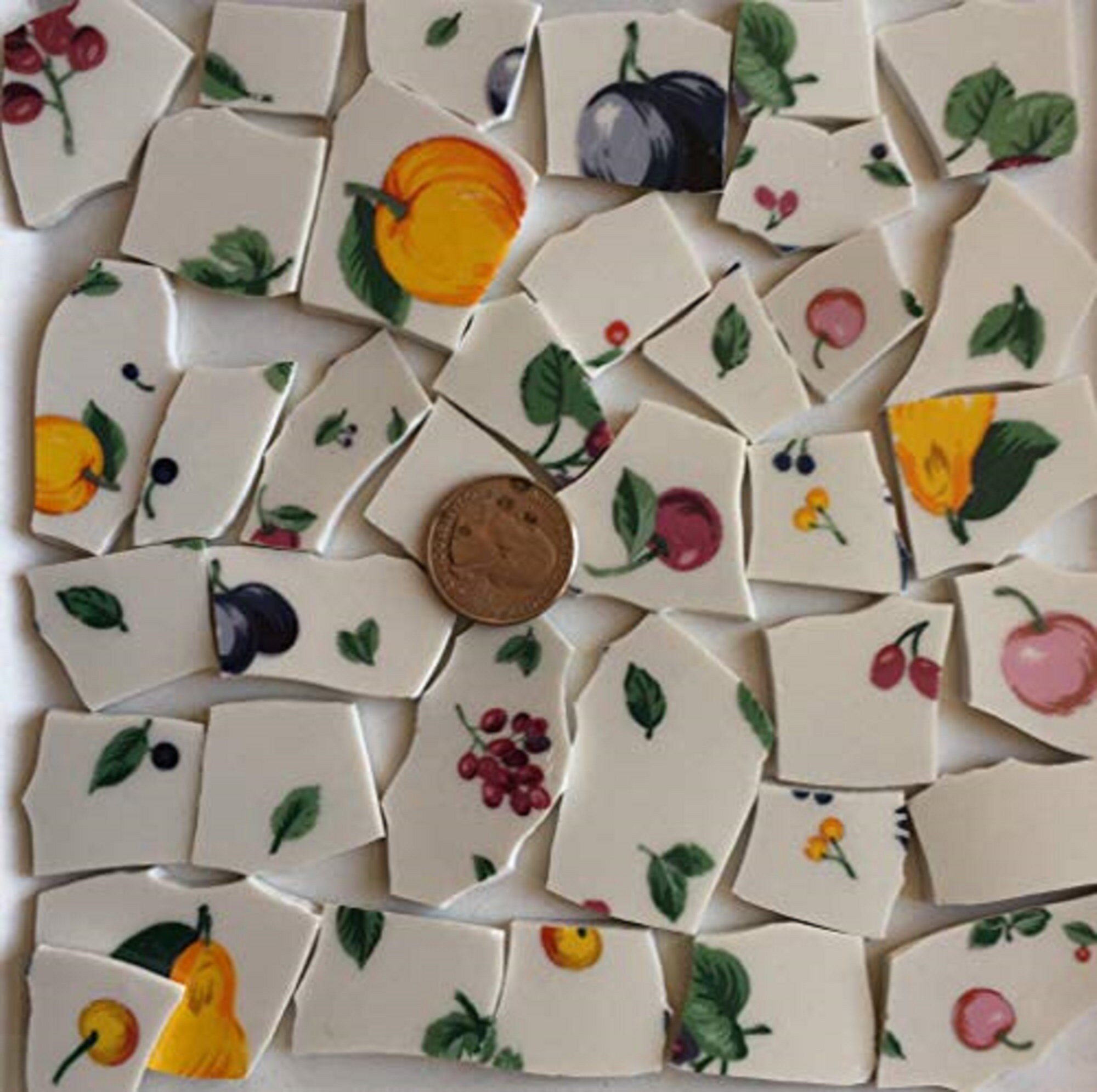 Mosaic Art and Craft Supply Fruit and Leaves on White China Tiles A562 Mosaic Art and Craft Supply Fruit and Leaves on White China Tiles A562