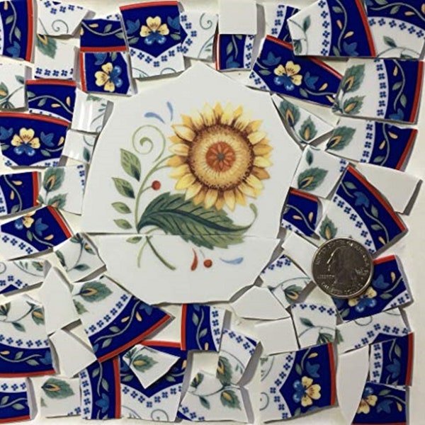 Mosaic Art & Craft Supply ~ 4" Sunflower Center Tile w/Matching Navy Blue and White Floral Tiles A938