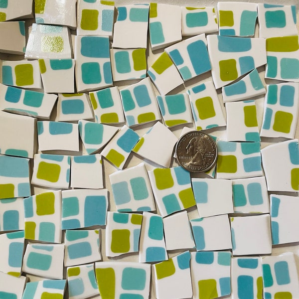 Broken China Mosaic Art and Craft Supply - Blue & Green Abstract Graphic on White Porcelain Tiles ~ E783