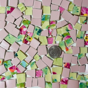 Broken China Mosaic Tiles Shabby Chic Floral Vintage Art Supply - Pink Green & Red Tile F576