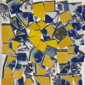 E785 Broken China Mosaic Art and Craft Supply - Classic Blue Yellow & White Mixed Pattern ~ Porcelain Tiles E785