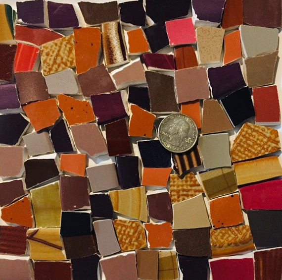 Mosaic Art and Crafts Supplies Cool Color Mix of Broken China Tiles Mix of Many Shades Earth Tone Colors Brown Orange Green C842