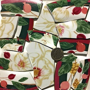 Mosaic Art and Crafts Supplies Large Red and Green Magnolia Broken China RimTiles C337