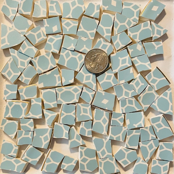 E017 Broken China Mosaic Art and Craft Supply Abstract Light Teal Blue Designs on White China Tiles E017