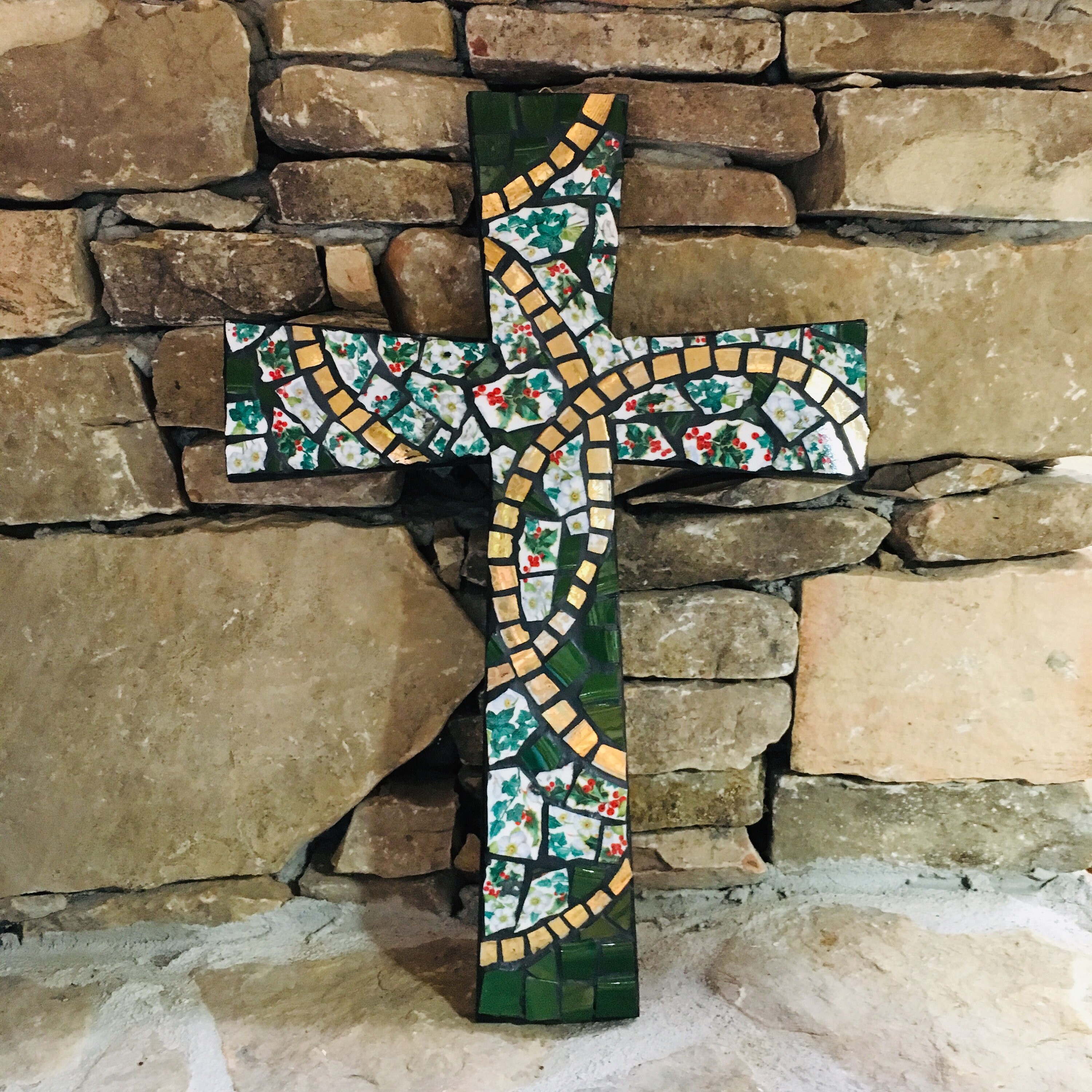 Handmade Mosaic Cross: Green, Gold & Holly Broken China Wall Art