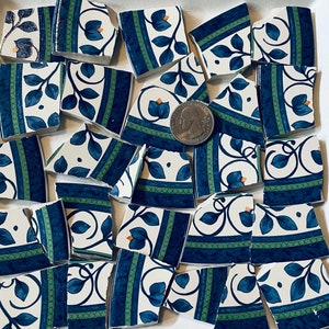 Broken  China Pieces for Mosaic Tile - Art and Craft Supplies Cut from Stoneware Plates Blue Green White Floral Tiles E315