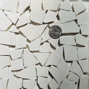 May include: A close-up of a white ceramic mosaic tile sheet. The tiles are irregular in shape and size, with some being triangular. A US quarter is included for scale.