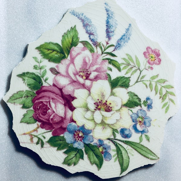 Broken China Mosaic Art and Craft Supply - Large 4" Feature Vintage Tile with Pastel Pink Yellow and Blue Flowers and Green Leaves - T241