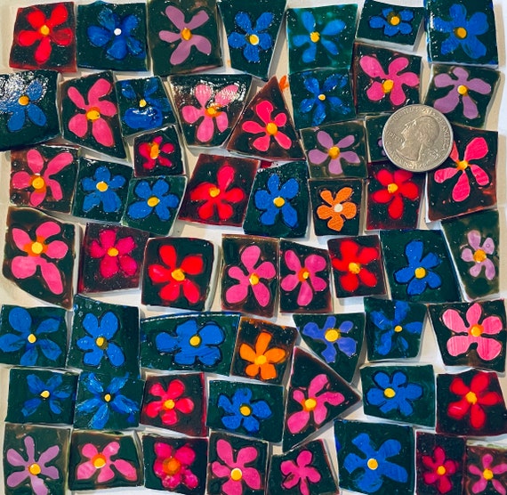 Mosaic Art and Craft Supply Recycled Broken China Tiles Colorful Hand Painted Flowers Tiles with Green Background E109