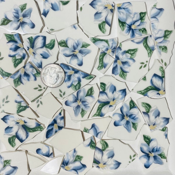 Broken China Mosaic Art and Craft Supply ~  Soft Blue Flowers and Green Leaves in on White China Tiles E642
