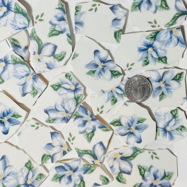 Broken China Mosaic Art and Craft Supply ~  Soft Blue Flowers and Green Leaves in on White China Tiles E637