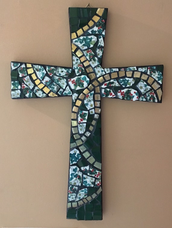 Handmade Mosaic Cross: Green, Gold & Holly Broken China Wall Art