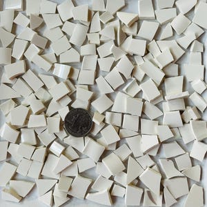 May include: A collection of off-white ceramic mosaic tiles in various shapes and sizes. A US quarter is included for size reference. The tiles are suitable for craft projects, mosaics, and decorative applications. The tiles are approximately 0.5 to 1 inch in size.