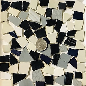 Puede incluir: Una colección de pequeñas baldosas de cerámica rotas en varios tonos de blanco, gris, negro y azul. Las baldosas están dispuestas en un patrón aleatorio y son perfectas para proyectos de mosaico.
