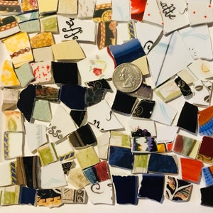 Mosaic Art Crafts Supplies Broken China and Stoneware Dishes ~ Colorful Mixed Patterns of  Hand Cut Tiles C876