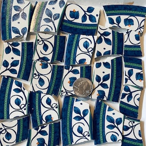 Broken  China Pieces for Mosaic Tile - Art and Craft Supplies Cut from Stoneware Plates Blue Green White Floral Tiles E311