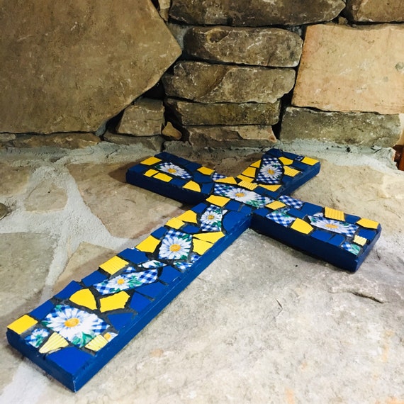 Handmade Mosaic Christian Cross: Blue, Yellow, & White Sunflower