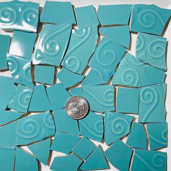 Broken China Mosaic Art and Craft Supply - Textured and Smooth Turquoise Stoneware Tiles with Raised Scrolls E757