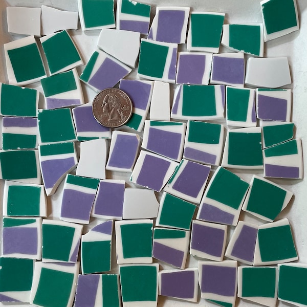 Broken China Mosaic Art and Craft Supply - Purple & Green Abstract Graphic on White Porcelain Tiles ~ E840