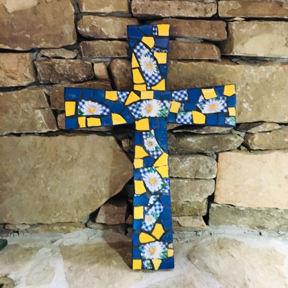 Handmade Mosaic Christian Cross: Blue, Yellow, & White Sunflower