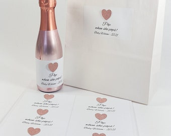 Any Text, Occasion, Glitter Colour Personalised Labels. Custom Baby Shower Favour Stickers For Your Own Mini Wine Bottles. Pop When She Pops