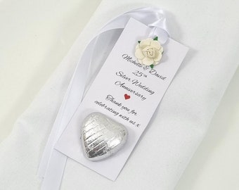 25th Silver Wedding Favour Tags For Your Own Mini Bottles. Anniversary Party Chocolate Heart Sweets Paper Tea Rose And Luxury Satin Ribbon