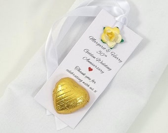 50th Golden Wedding Favour Tags For Your Own Mini Bottles. Anniversary Party Chocolate Heart Sweets, Paper Tea Rose And Luxury Satin Ribbon