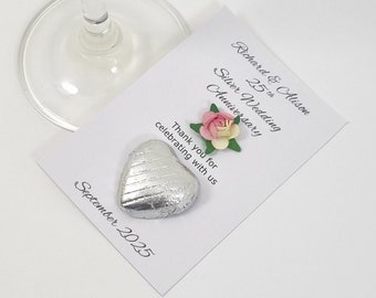 Any Special Occasion Favours. 25th Silver Wedding Anniversary Favours. Personalised Chocolate Heart And Pink and Cream Rose. Thank you Gifts