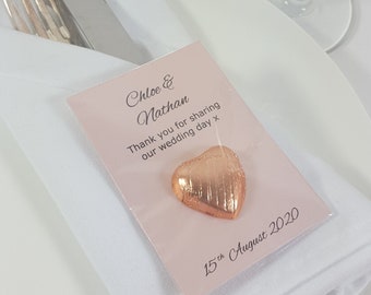Personalised Rose Gold Wedding Favours For Guests. Belgian Chocolate Heart Thank you Guest Favor Sweets. Silver, Gold, Turquoise, Fuchsia
