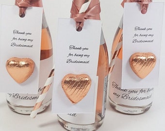 Thank You For Being My Bridesmaid Thank You Gift Rose Gold Tag, Straw, Wine Label Only, For Your Own Mini Wine Bottle. Maid Of Honour Set