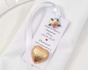 Engagement Party Favour Tags For Your Own Mini Bottles. Wedding Anniversary Chocolate Heart Sweets Paper Tea Rose And Luxury Satin Ribbon