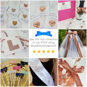 May include: A collage of bridal shower and bachelorette party accessories. Includes heart-shaped chocolates, personalized stickers, a sash that says "Bride to be", and a veil with ribbons. Also shown are drink stirrers and a mini champagne bottle.