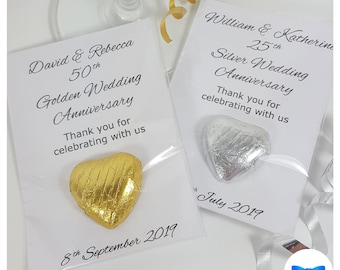 50th Golden Wedding Anniversary Favours with a Chocolate Gold or Silver Heart. 25th Silver Wedding Anniversary Personalised Sweets 40th Ruby