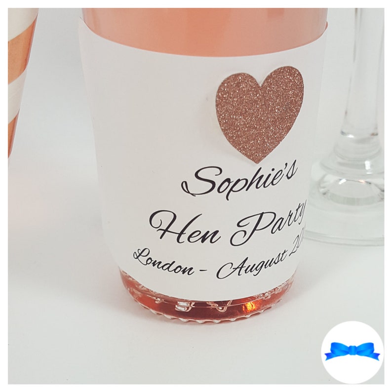 Rose Gold Hen Party Glitter Mini Bottle Labels. Hen Party Bag Stickers. Personalised Wine Bottle Labels Only. Small Prosecco Hen Do Labels zdjęcie 8