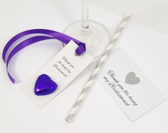 PURPLE Thank You For Being My Bridesmaid Thank You Gift Tag, Wine Label and silver Straw Only, For Your Own Mini Wine Bottles