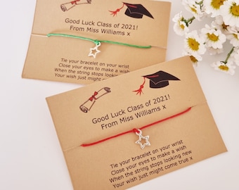 School Leavers Gift From Teacher To Students. Personalised Star Charm Bracelet On Card. End of Term Graduation Gifts For Good Luck Class Of