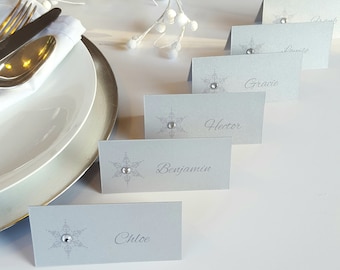 Christmas Place Card With Diamante Snowflake. Christmas Place Settings In Silver or White Pearl Personalised With Printed Guest Names