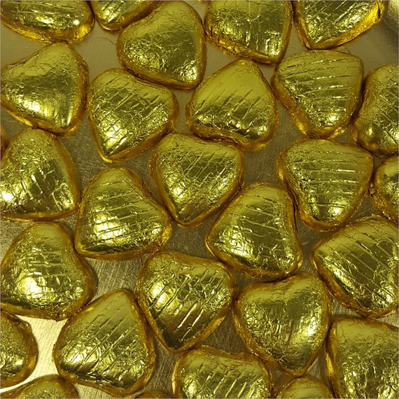 Gold Chocolate Hearts. 5g Solid Belgian Milk Chocolate Hearts. Luxury Foil Wrapped Mini Chocolate Heart Favour Sweets Party Bag Fillers