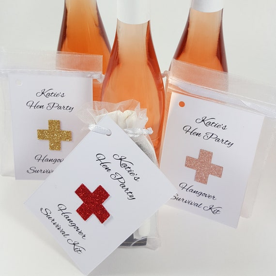 Personalised Hangover Kit Tags and Bags. Hen Party Favour Survival