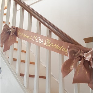 Custom Ribbon Banner With Optional Bows Only. Birthday, Hen Party, Wedding Anniversary, Retirement, Engagement Personalised Party Decoration