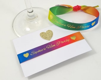 Hen Party Rainbow Wristbands. Personalised Hen Ribbon Gifts, With Gold Glitter Hearts. Lesbian LGBTQ Rainbow Pride Party Favour Bag Fillers