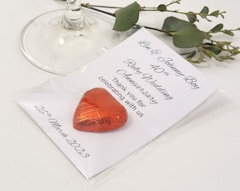 40th Ruby, 25th Silver, 50th Golden Wedding Anniversary Favours with a Chocolate Red, Gold or Silver Heart. Personalised Anniversary Sweets