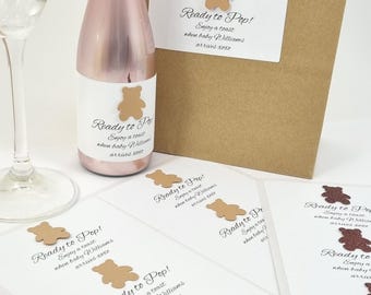 Any Text Teddy Bear Personalised Labels. Ready To Pop Baby Shower Favour Stickers For Your Own Mini Bottles. Custom We Can Barely Wait Label