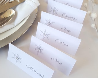 Snowflake Christmas Place Card Settings In White or Silver Pearl Card. Personalised With Guest Names. Christmas Table Printed Name Cards