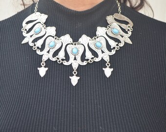 Turquoise beaded necklace,Tribal silver necklace,Chunky women necklace,Ethnic necklace,Traditional women necklace,Bib necklace,Gift for mom