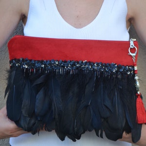 Bolso clutch de terciopelo rojo, bolso de noche, bolso de dama de honor, bolso welvet con ribete de plumas Gatsby, embrague hecho a mano, bolso clutch único, bolso de mujer