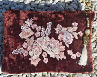 Ziegelstein-Samt-Kupplung, Türkische bestickte Kupplung, Handgemachte Frauen-Kupplung, Abendtasche, Traditionelle Kupplung, Einzigartige Kupplungstasche